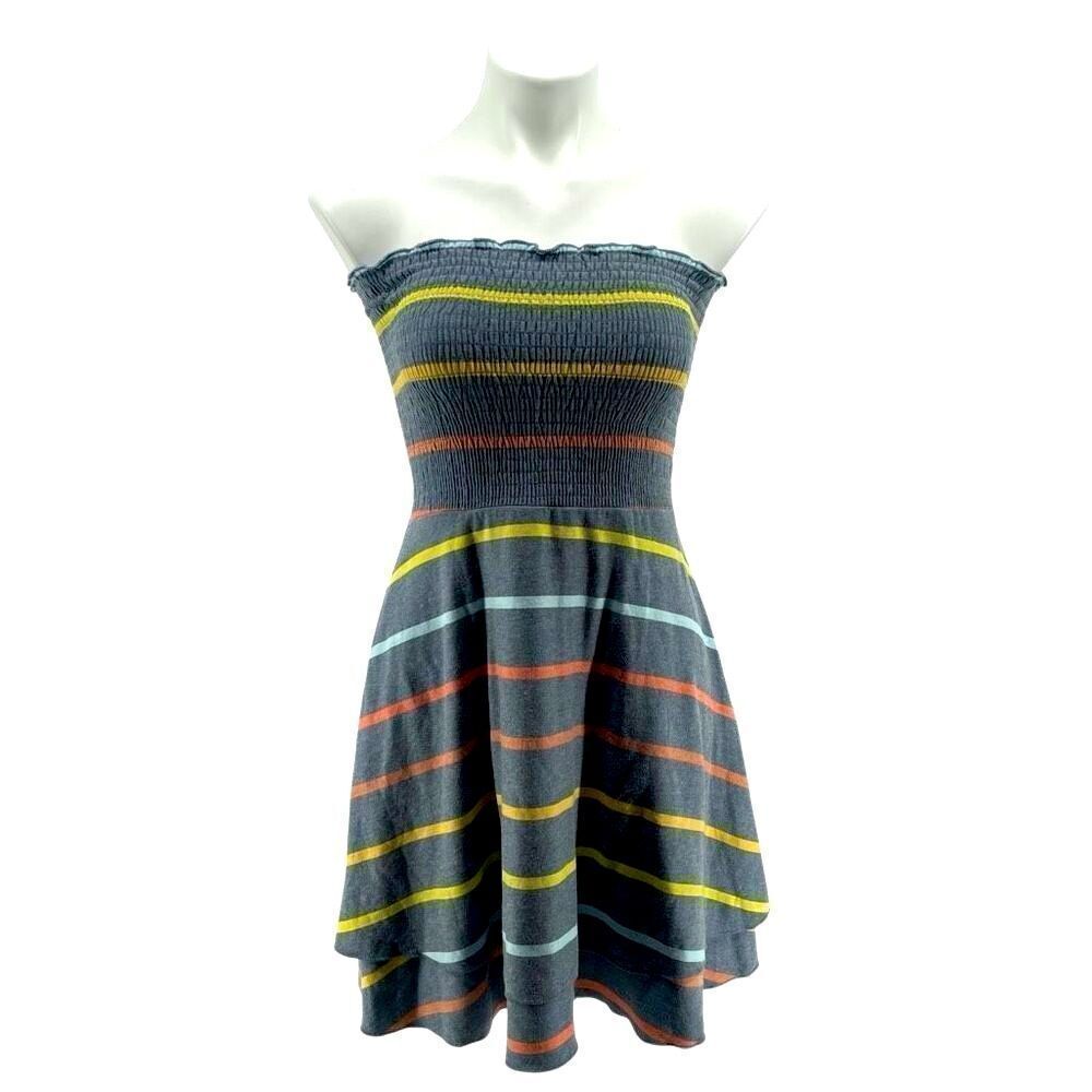 Chaser Grey Multi Striped Smocked Boho Handkerchief Hem Dress Women’s Size Small